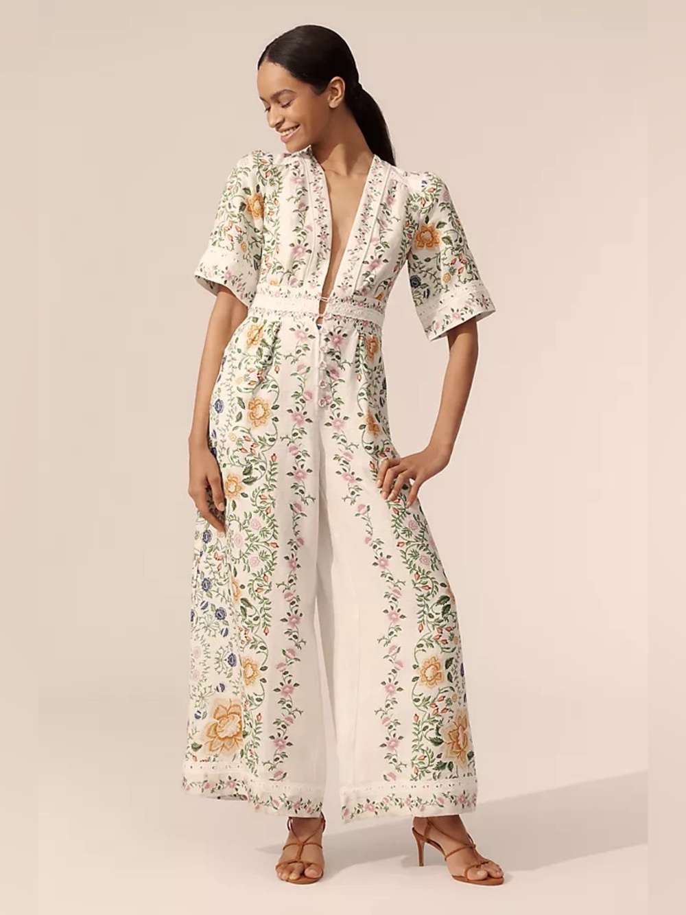 FARM RIO FOLK FLORAL LINEN BLEND JUMPSUIT Size M EUC - Picture 1 of 7